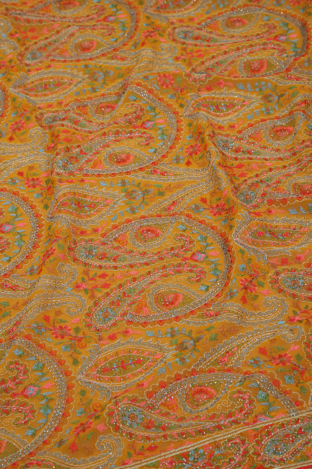 Mustard Georggette Resham Embroidered And Swaroski Work Saree