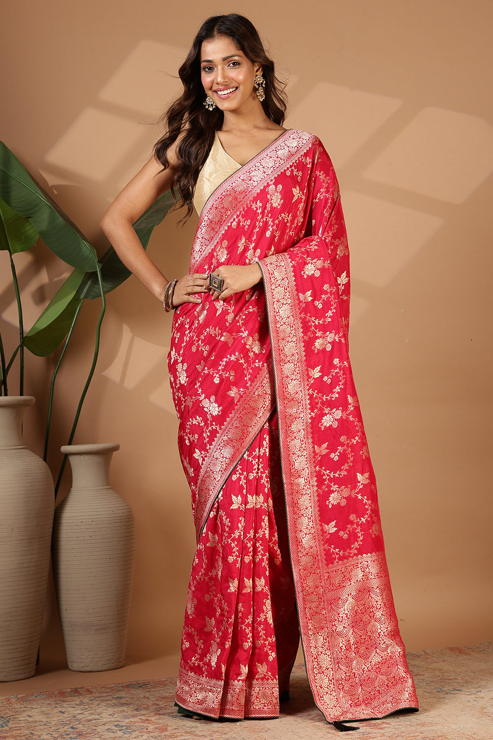 Cardinal Red Banarasi Silk Zari Floral Zaal Woven Saree