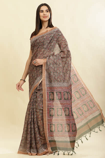Green Cotton Silk Floral Boota Printed Saree