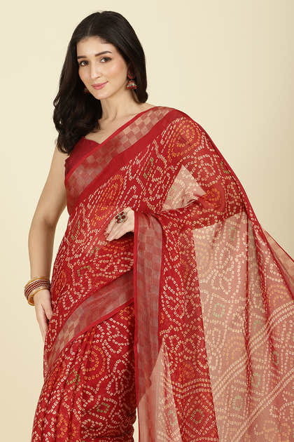 Maroon Color Chiffon Bandhani Printed Saree