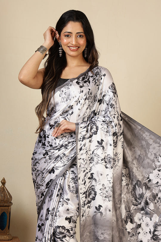 Black & White Floral Printed Crepe Silk Saree