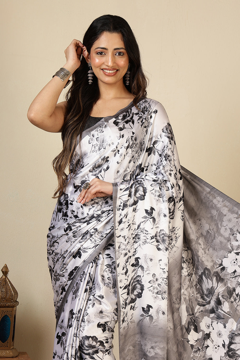 Black & White Floral Printed Crepe Silk Saree