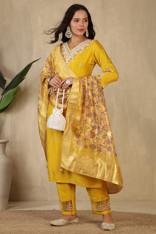 Mustard Neck Embroidered Silk Suit