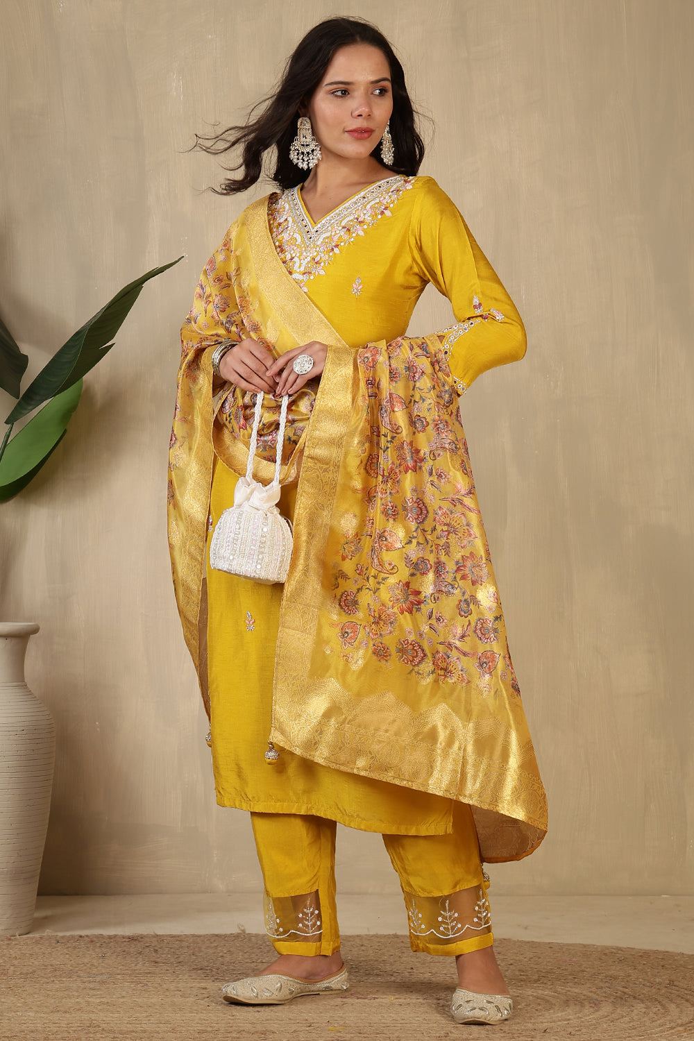 Mustard Neck Embroidered Silk Suit