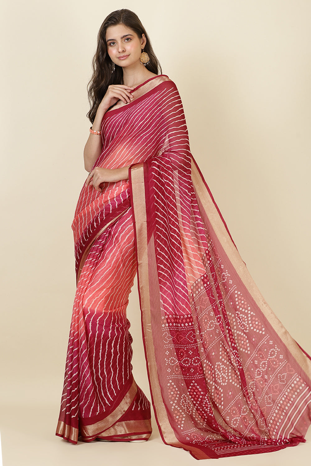 Wine Georgette Leheriya Printed Saree