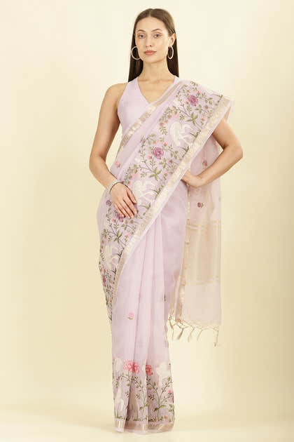 Mauve Kota Cotton Floral Resham Embroidered And Zari Woven Saree