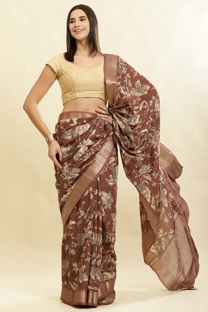 Brown Cotton Silk Floral Printed & Zari Border Saree