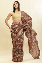 Brown Cotton Silk Floral Printed & Zari Border Saree