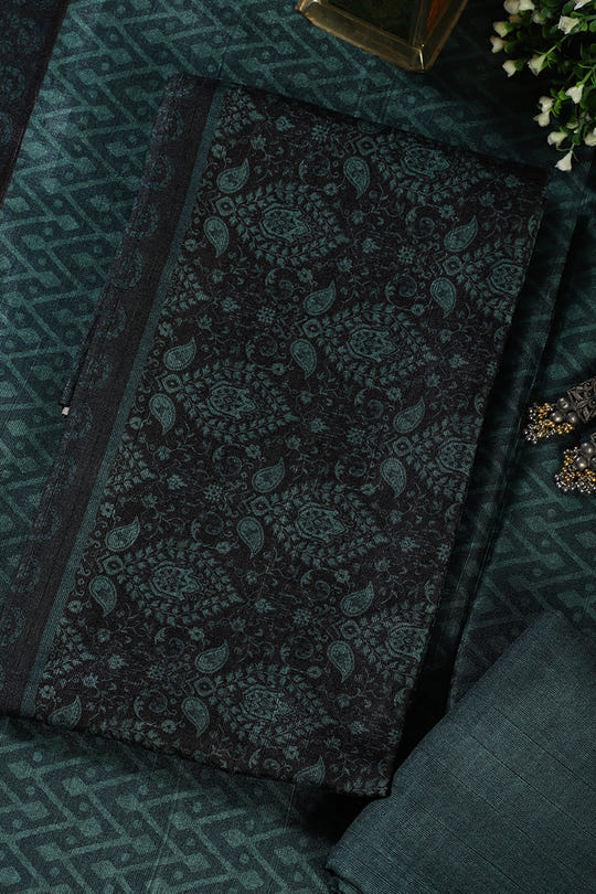 Mint Green And Black Digital Printed Chanderi Cotton Unstiched Suit Material