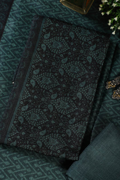 Mint Green And Black Digital Printed Chanderi Cotton Unstiched Suit Material