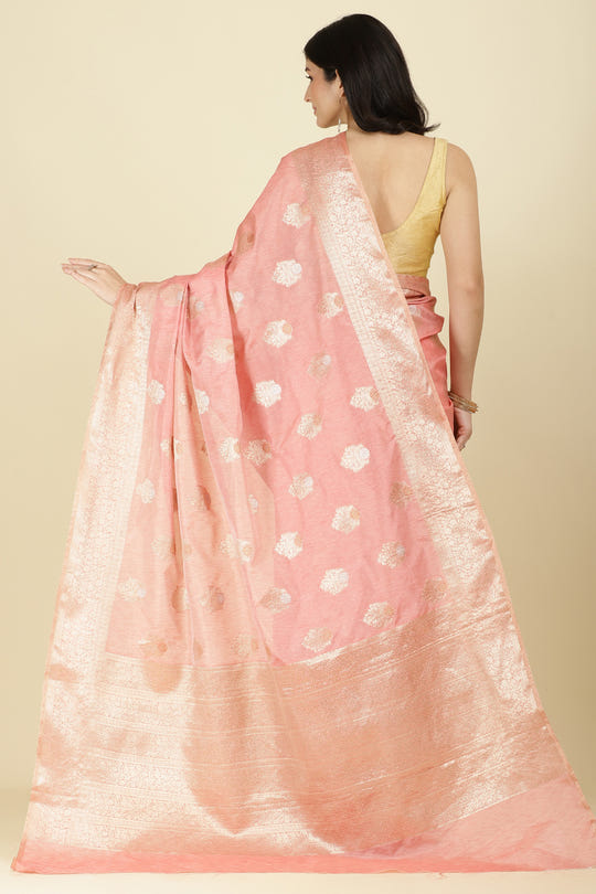 Peach Cotton Zari Woven Saree