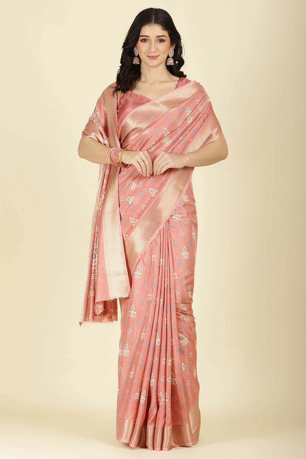 Peach Cotton Silk Printed And Zari Woven Saree