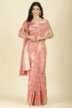 Peach Cotton Silk Printed And Zari Woven Saree