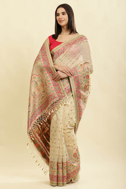 Beige Chanderi Cotton kashida Weaves Saree