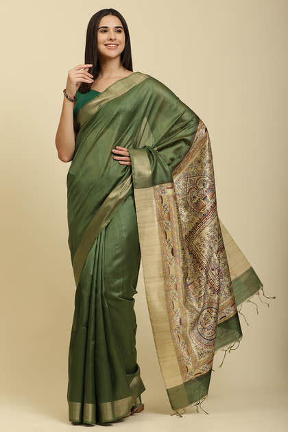 Green Color Cotton Silk Madhubani Print Saree