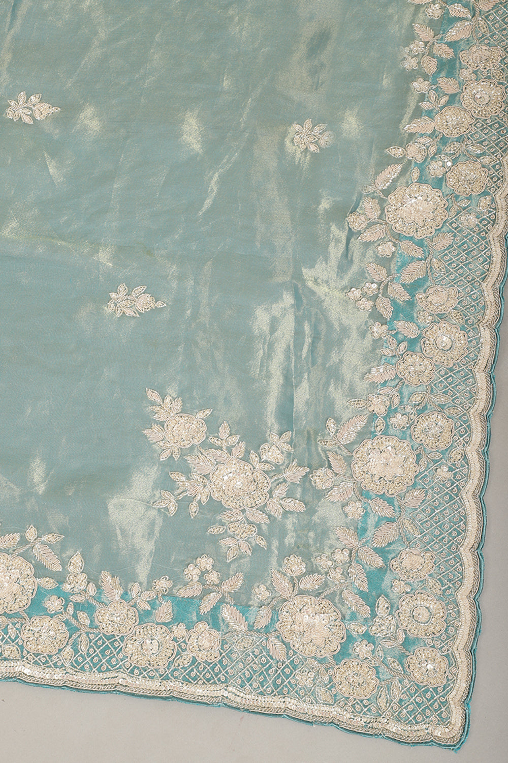Firozi Color Pure Tissue Silk Saree with Pearl and Zardozi Handwork