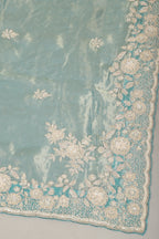 Firozi Color Pure Tissue Silk Saree with Pearl and Zardozi Handwork