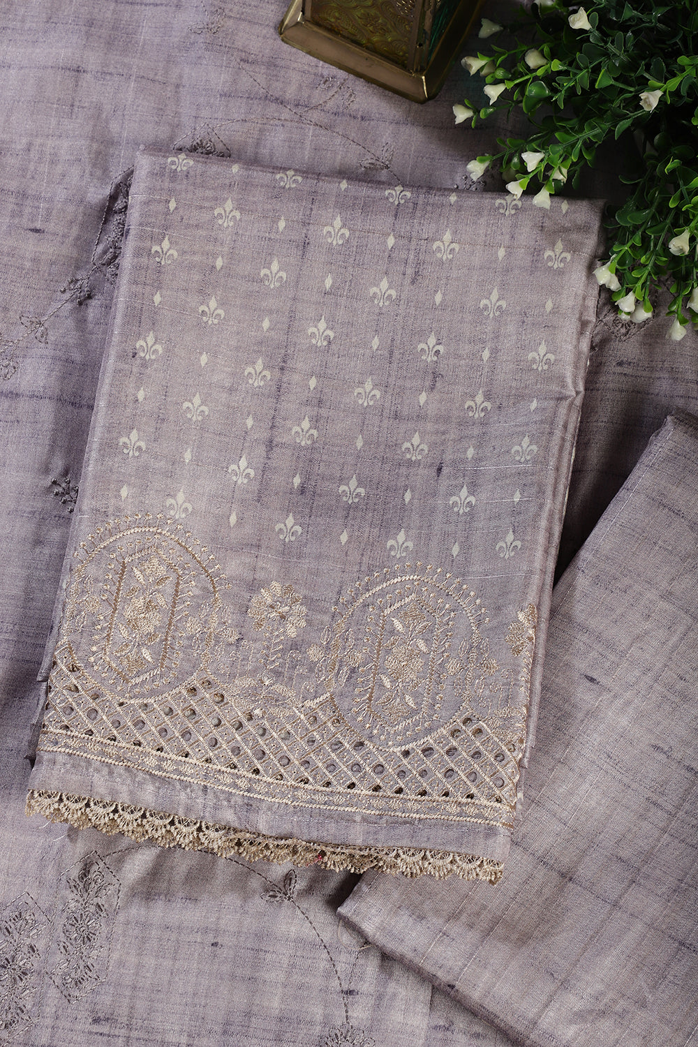 Lavender Tussar Cotton Printed And Reham Embroidered Unstiched Suit Material