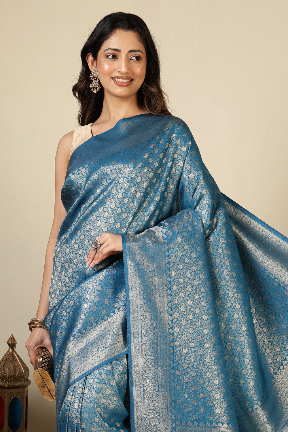 Pecific Blue Floral Zaal Woven Soft Silk Saree