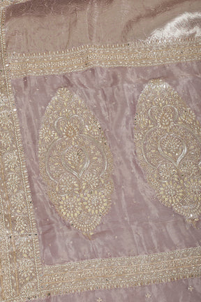 Mauve Color Pure Tissue Handloom Zari Saree with Kundan & Zardozi Handwork