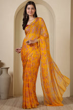 Mustard Chiffon Floral Zari Border & Floral Printed Saree