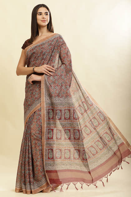 Maroon Cotton Silk Floral Boota Printed Saree