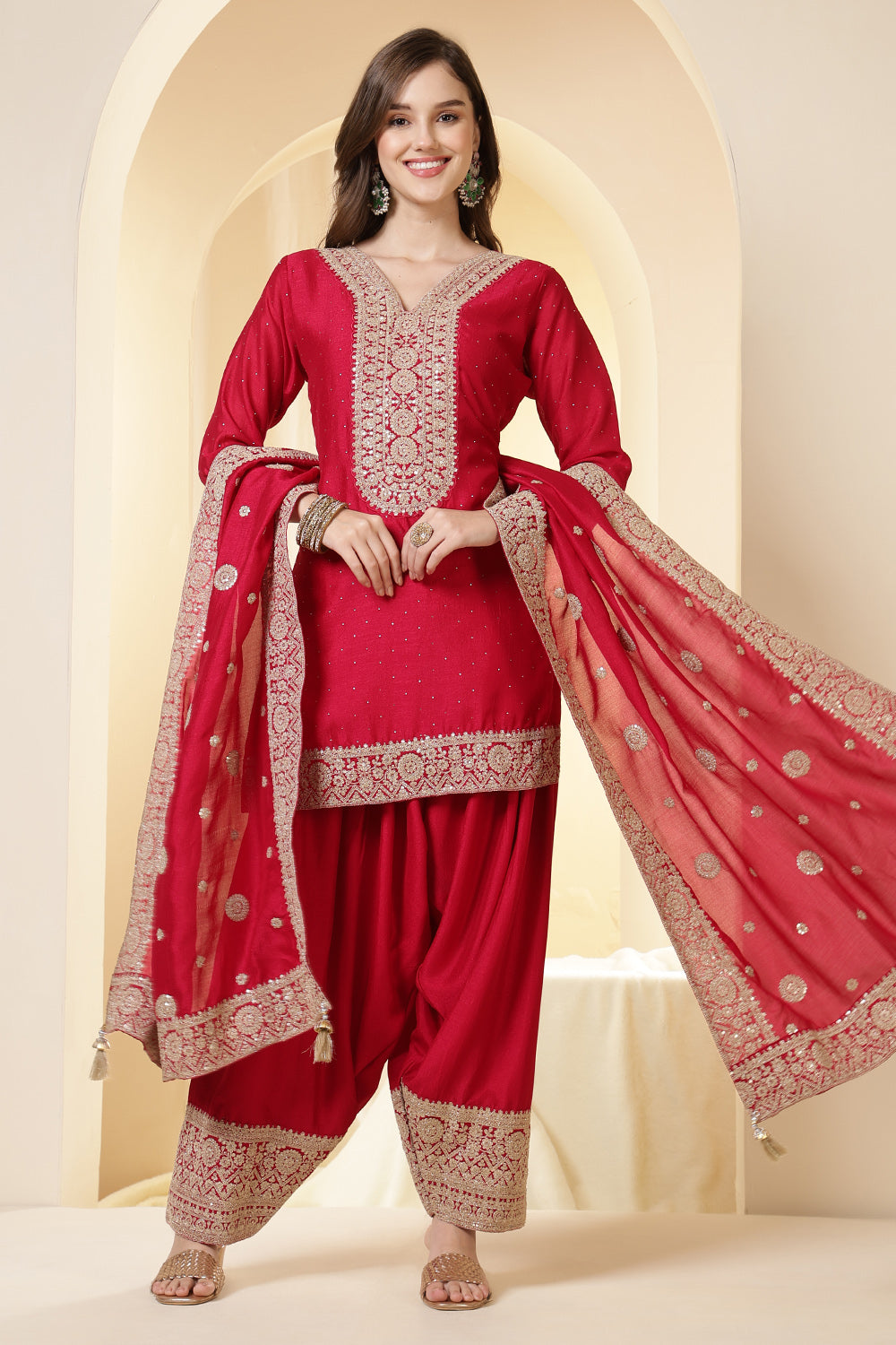 Rani Silk Zari Embroidered Suit With Farsi Salwar