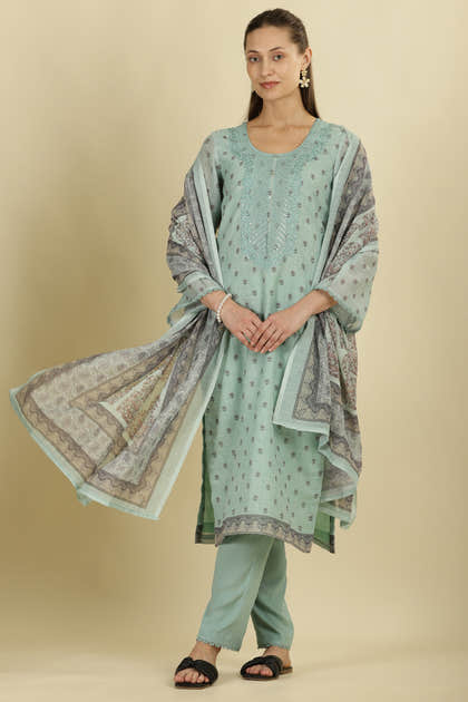 Mint Green Cotton Floral Printed And Neck-EmborideredUnstitched Suit Material