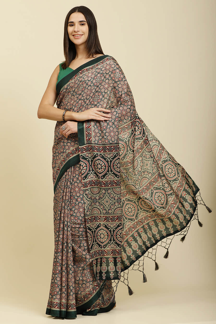 Bottle Green Cotton Silk Ajrakh Block Printed Saree