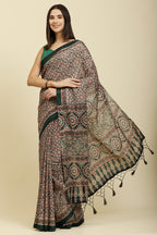 Bottle Green Cotton Silk Ajrakh Block Printed Saree