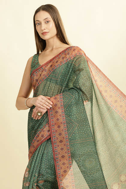 Green Organza Cotton Bandhani Block Printed Saree