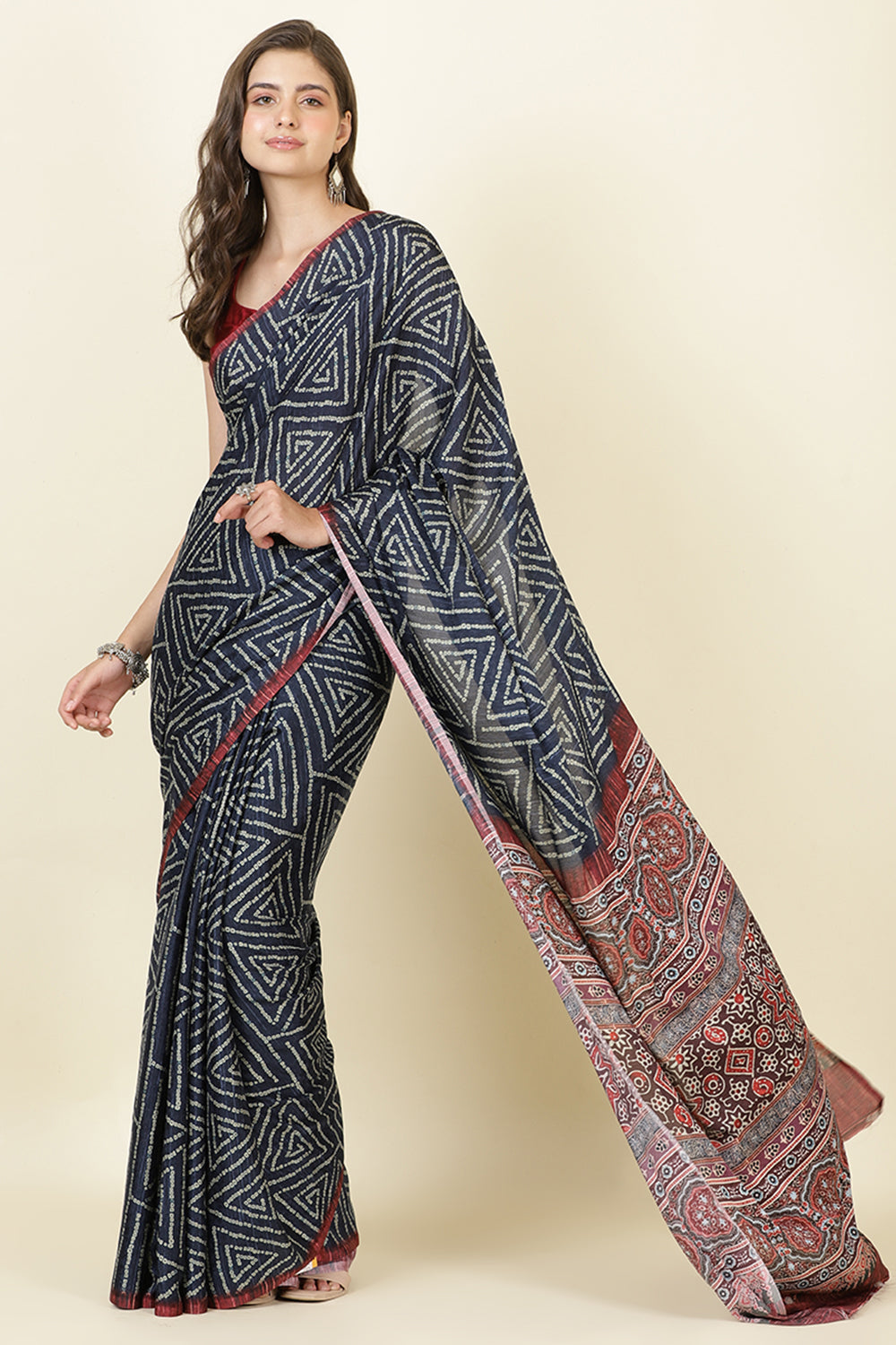 Navy Jacquard Silk Bandhani Printed Saree