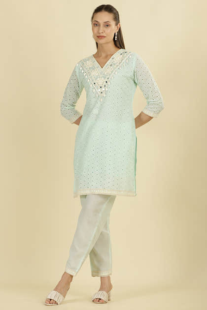 Mint Blue  Cotton Hacoba Style Neck-Embroidered Kurta Set