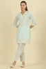 Mint Blue  Cotton Hacoba Style Neck-Embroidered Kurta Set