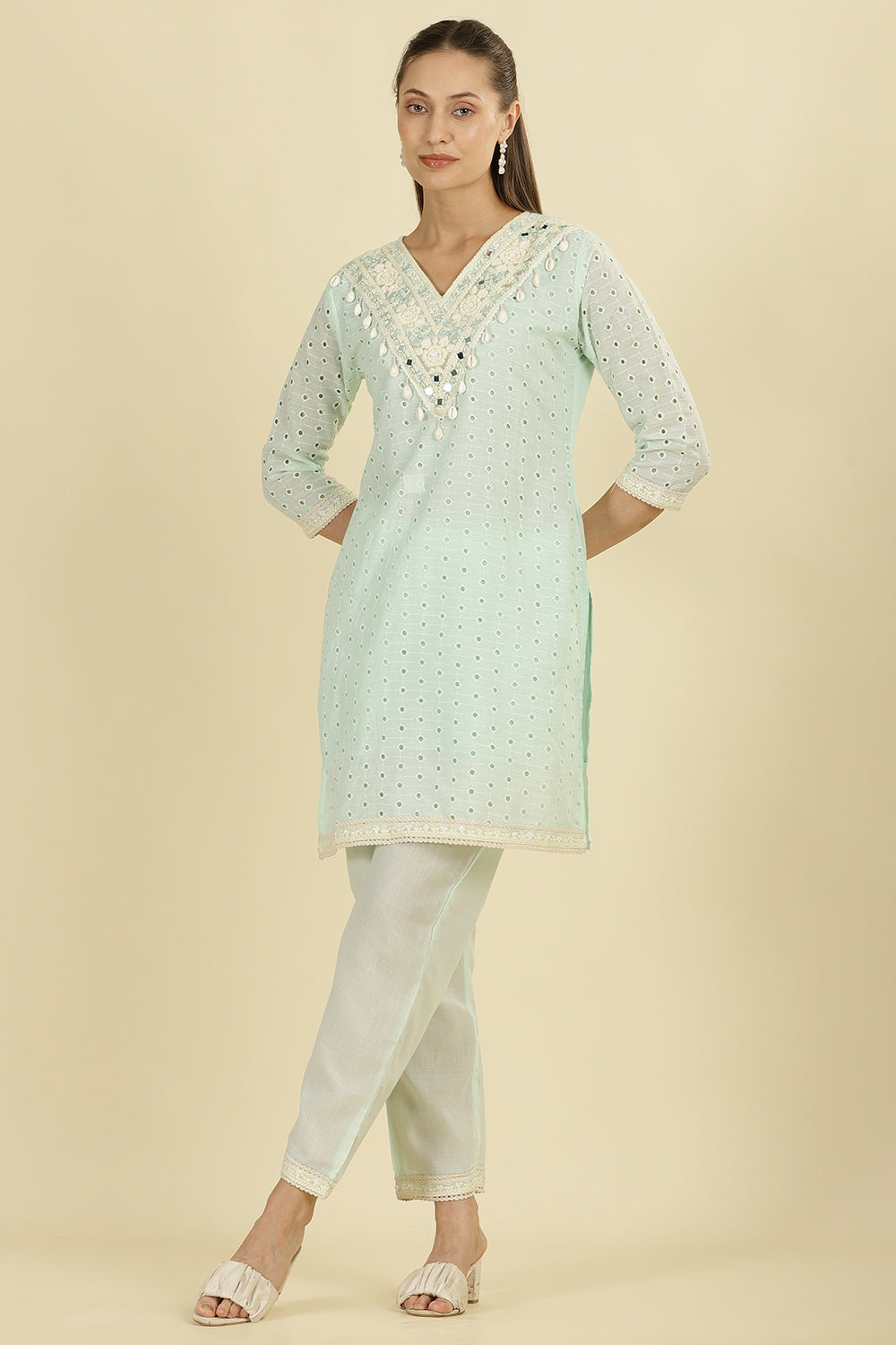 Mint Blue  Cotton Hacoba Style Neck-Embroidered Kurta Set