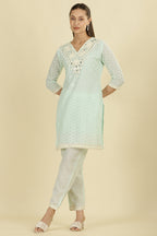 Mint Blue  Cotton Hacoba Style Neck-Embroidered Kurta Set