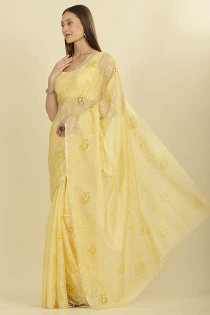 Pale Yellow Floral Resham Embroidered Cotton Saree