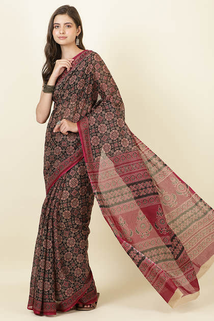 Black & Wine Cotton Bagru Printed Saree