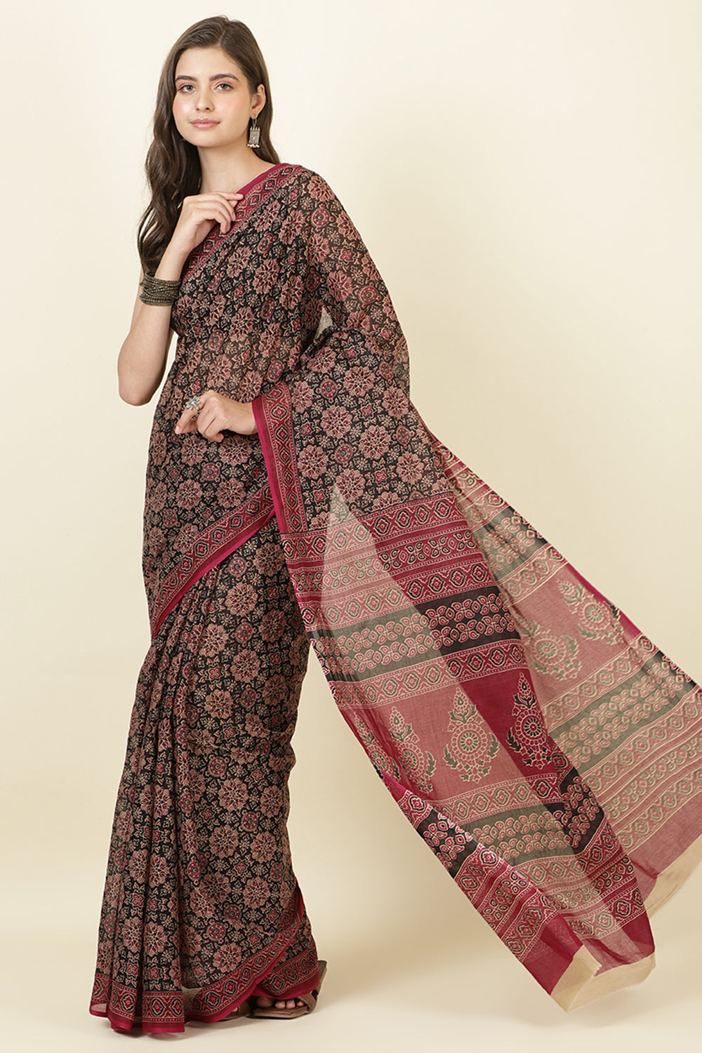 Black & Wine Cotton Bagru Printed Saree