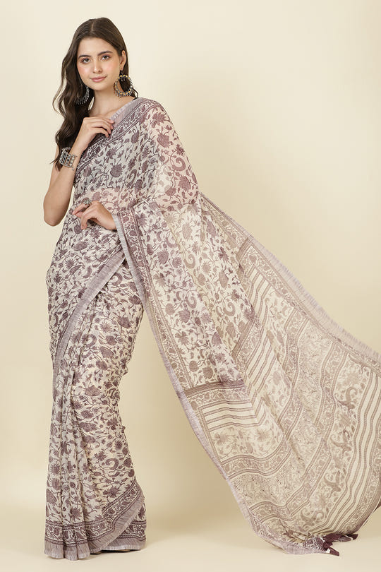 White & Wine Georgette Floral Printed Saree
