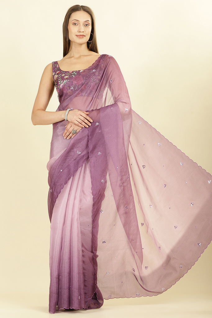 Ombre Mauve Organza Saree With Mirror Work