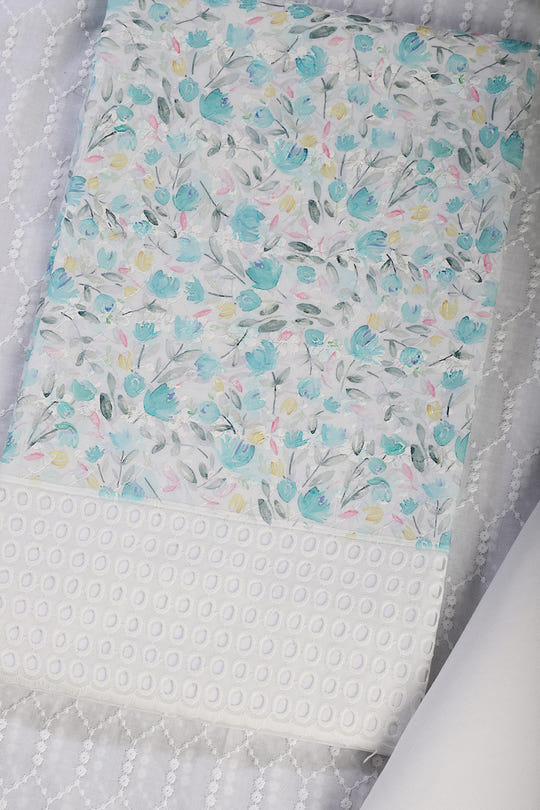 White & Blue Cotton Floral Printed and Resham Embroidered Unstitched Suit Material
