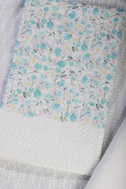 White & Blue Cotton Floral Printed and Resham Embroidered Unstitched Suit Material