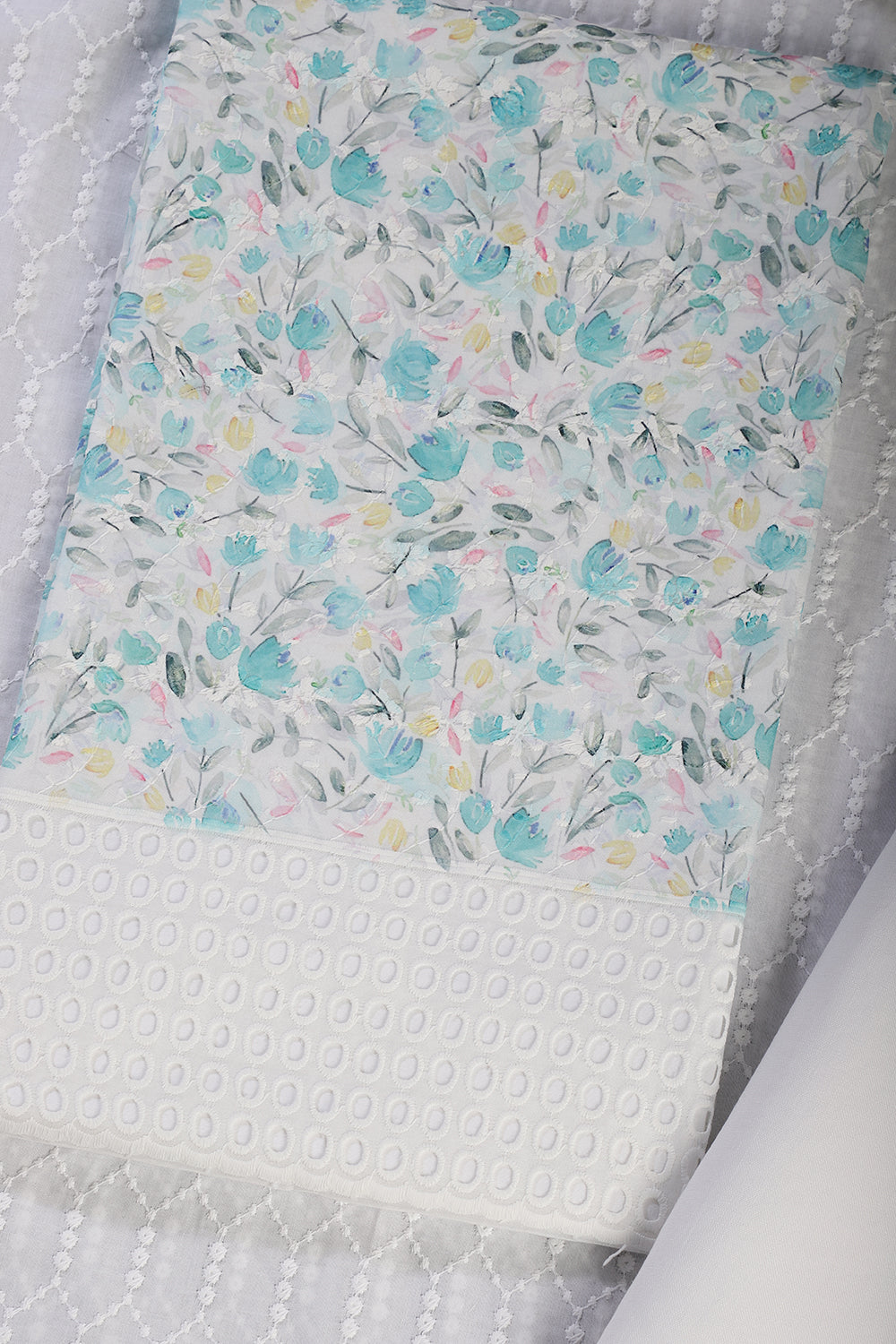 White & Blue Cotton Floral Printed and Resham Embroidered Unstitched Suit Material