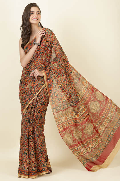 Maroon Kalamkari Printed Cotton Saree