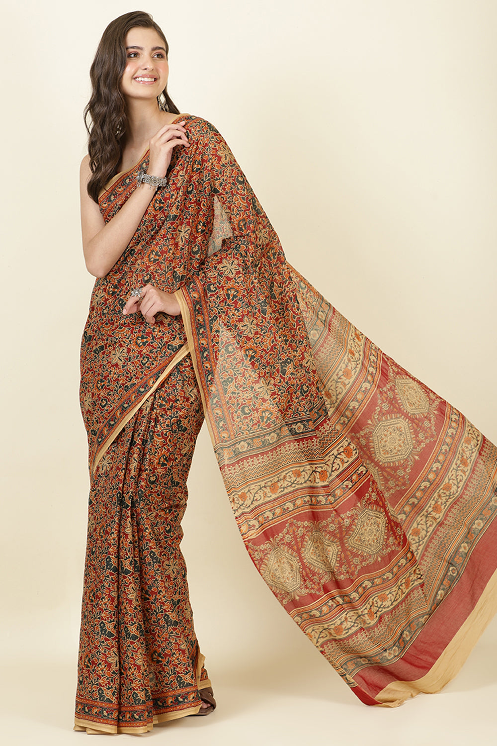 Maroon Kalamkari Printed Cotton Saree
