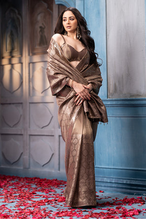 Brown Pure Metallic Tissue Sequins Embroidered Saree