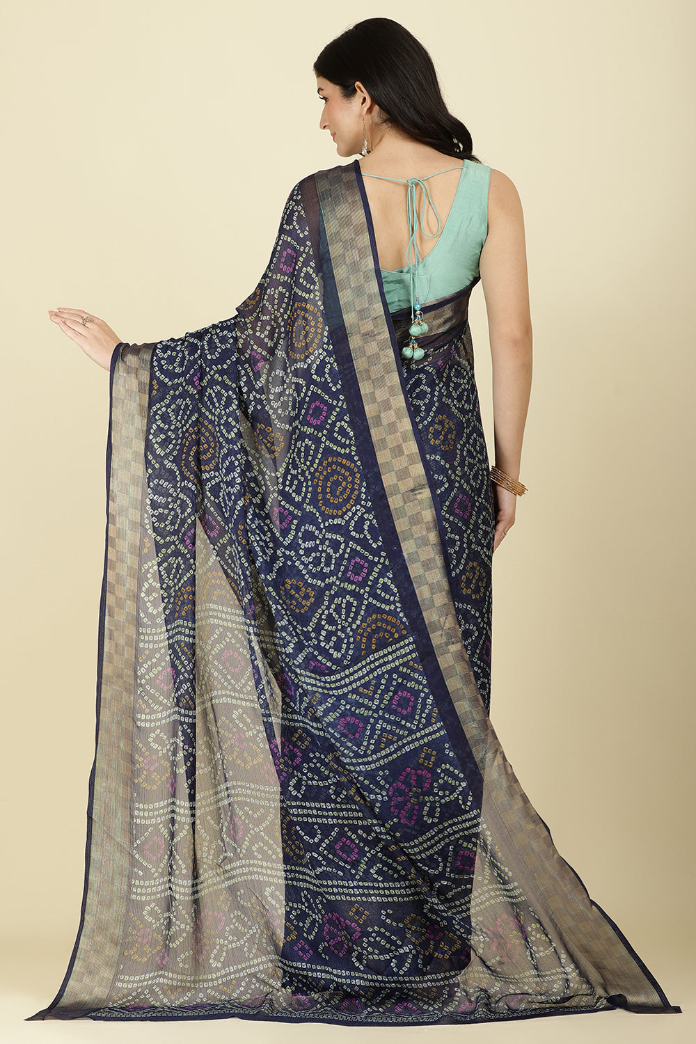 Navy Color Chiffon Bandhani Printed Saree