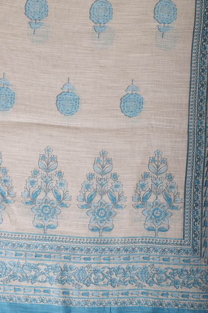 Beige & Blue Floral Printed Unstitched Suit Fabric