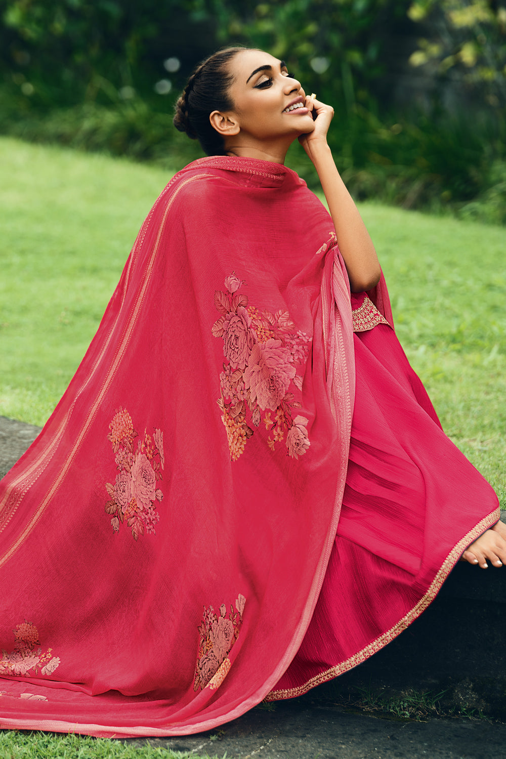 Fuchsia Pink Color Embroidered Silk Unstitched Suit Material